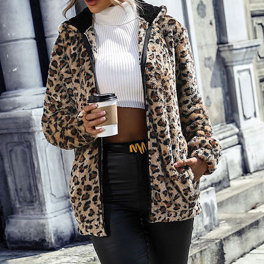 Women's Fuzzy Leopard Jacket, Hooded Plush Zip Up Coat For Fall Winter