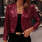 Women's Elegant Sequin Trim Cardigan, Cropped Open Front Blazer With Long Sleeves For Business Casual