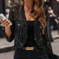 Women's Elegant Sequin Trim Cardigan, Cropped Open Front Blazer With Long Sleeves For Business Casual