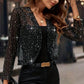 Women's Elegant Sequin Trim Cardigan, Cropped Open Front Blazer With Long Sleeves For Business Casual