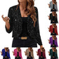 Women's Elegant Sequin Trim Cardigan, Cropped Open Front Blazer With Long Sleeves For Business Casual