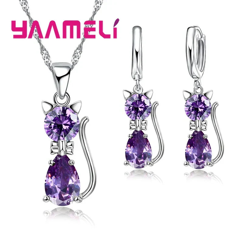 Silver Color Crystal Cute Cat Jewelry Set