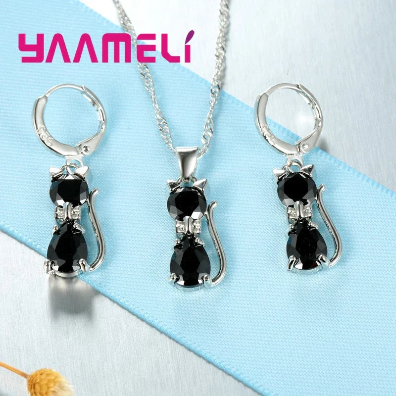 Silver Color Crystal Cute Cat Jewelry Set
