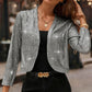 Women's Elegant Sequin Trim Cardigan, Cropped Open Front Blazer With Long Sleeves For Business Casual