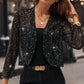 Women's Elegant Sequin Trim Cardigan, Cropped Open Front Blazer With Long Sleeves For Business Casual