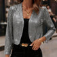 Women's Elegant Sequin Trim Cardigan, Cropped Open Front Blazer With Long Sleeves For Business Casual