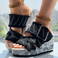 Newspaper Hem Platform Wedge Slides - Anklet Not Included