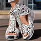 Round Toe Fish Mouth Leopard Print Casual High Heel Wedge Shoes - Anklet Not Included
